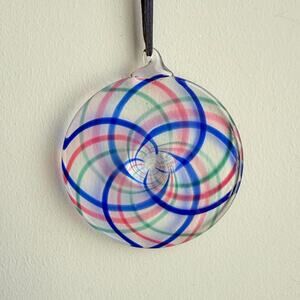 Vintage Vitrix Hand Blown Glass Disc Ornament Signed Spiral Blue Pink Green 1994